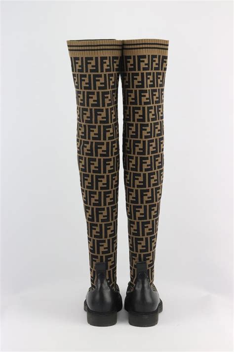 fendi logo-jacquard stretch-knit and leather knee boots